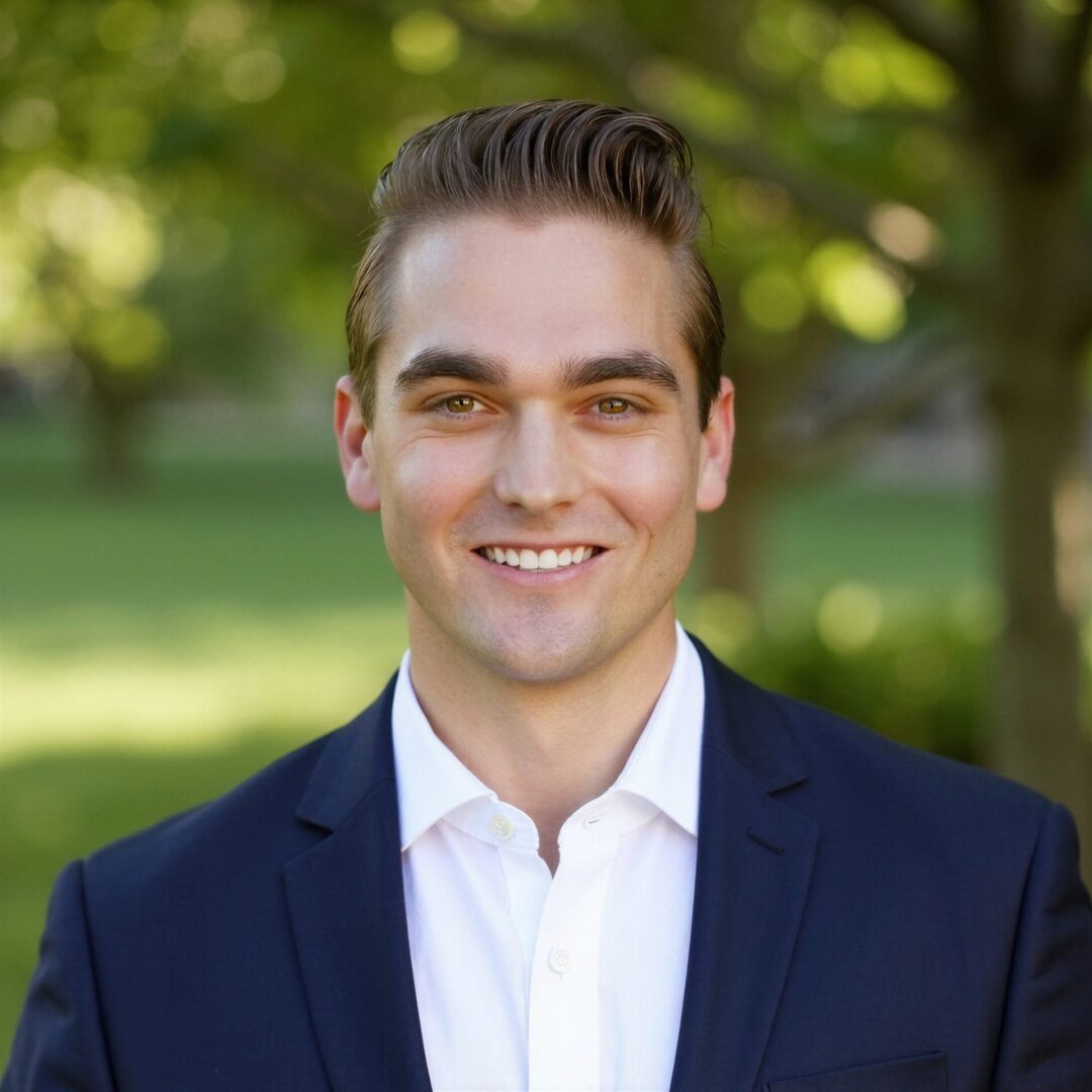 Smiling man in a suit outdoors with greenery background.